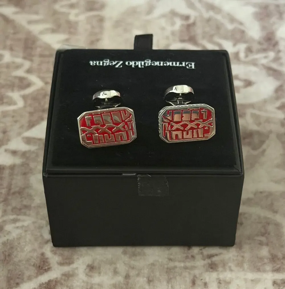 $550 NIB Men's Ermenegildo Zegna Silver Red Brass Engraved Cufflinks